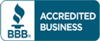 A blue and white logo for accredited business